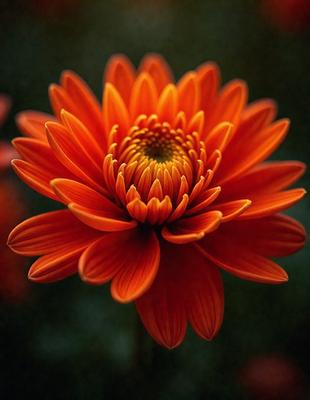 The primary subject of the image is a large, vibrant orange flower with a yellow center. The flower is the main focus of the image, and it is set against a backdrop of green leaves. The visual style of the image is a close-up, which emphasizes the details of the flower. The dominant colors in the image are orange and yellow, creating a warm and lively atmosphere.